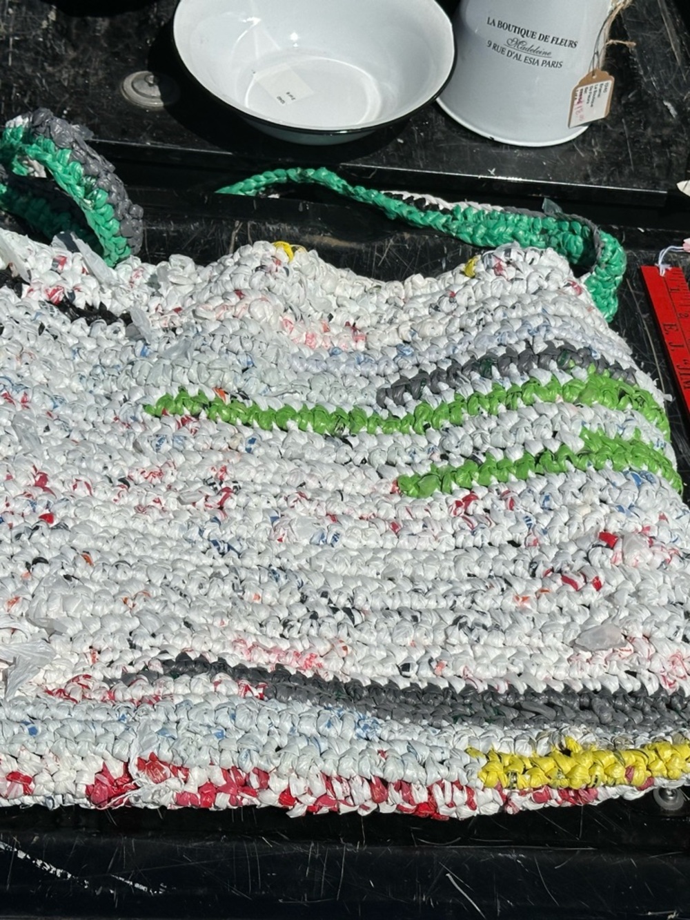 Handmade Plarn Crochet White Tote with Green Accent Straps